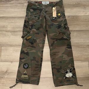 Unbranded Olive Camo Cargo Pants with Military Patches